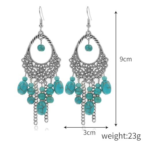 coadipress Bohemian Turquoise Beaded Tassel Earring for Women Ethnic Chandelier Boho Beads Earrings Hollow Out Turquoises Beaded Statement Earrings Ethnic Style Jewelry Gifts - color: Turquoise Tassel