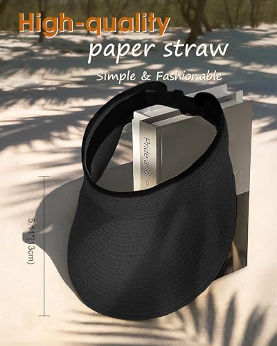 Senker Fashion Sun Hats Visor for Women, Straw Beach Hat Adjustable Wide Brim Ponytail Packable for Summer Travel UPF 50+ - color: Black