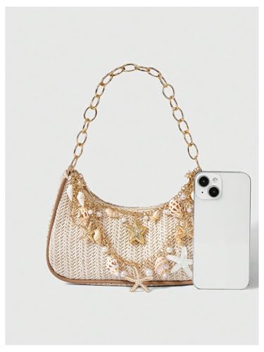 MakeMeChic Women's Straw Beach Purse Seashell Beaded Shoulder Handbags Summer Vacation Bags - color: Multicolor Beige