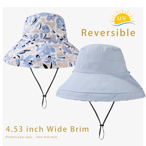 vidsel Womens Sun Hats Wide Brim Reversible Bucket Cotton Hat Packable Summer Travel Cap with Hat Clip,UV Protection - color: Blue, size: Medium