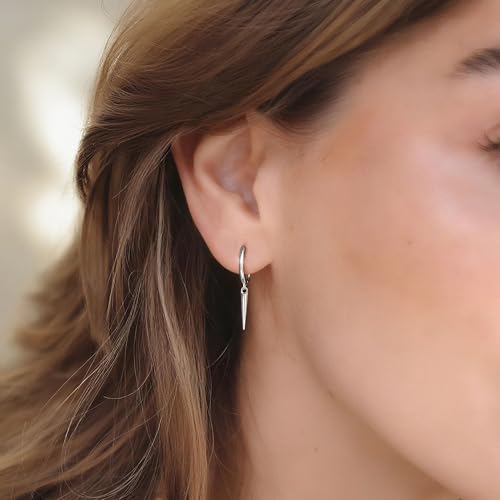 MILACOLATO 925 Sterling Silver Hoop Earrings for Women 18K Gold/Rhodium Plated Drop Dangle Hoop Earrings with Charms Cross Spike Moon Star Paperclip Link Statement Earrings Convertible Link Huggie Earrings Hypoallergenic - color: Silver Tone : Hoop with D