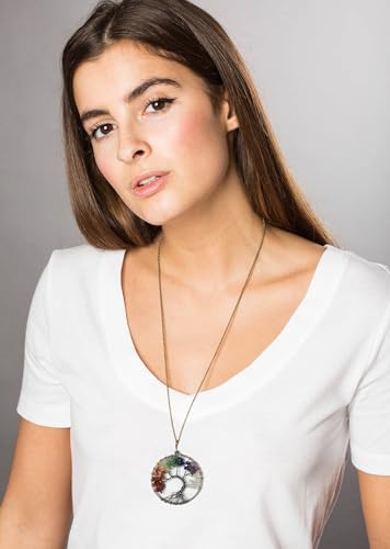7 Chakra Gemstone Healing Crystals Necklace - Copper Wire Wrapped Natural Unisex Hippie Leather Choker - color: 5. Tree of Life