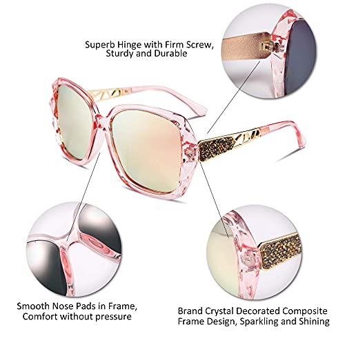 FEISEDY Polarized Women Square Sunglasses Sparkling Composite Shiny Frame B2289 - color: Clear Pink