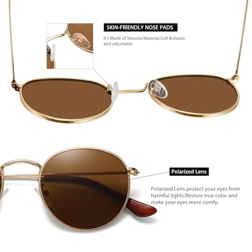 MEETSUN Round Polarized Sunglasses for Women Men Classic Retro Metal Frame Sun Glasses UV Protection - color: (3 Pack) Gold/Grey + Gold/Brown + Leopard/Brown