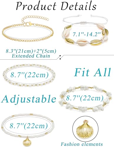 Shell Ankle Bracelets Set for Women Boho Bead Anklets Hawaiian Summer Beach Seashell Pearl Disc Puka Cowrie Conch Foot Chain Jewelry Gifts Gold Tone Adjustable - style: Shell