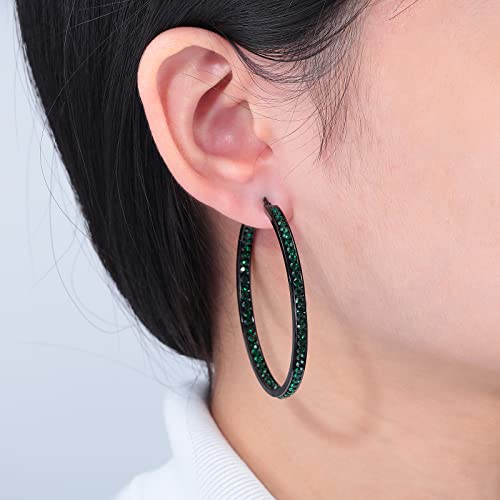 CiNily Mult-colors Crystal Stainless Steel Hoop Earring for Women Hypoallergenic Jewelry for Sensitive Ears Large Big Hoop Earrings 2" - color: Black&Emerald