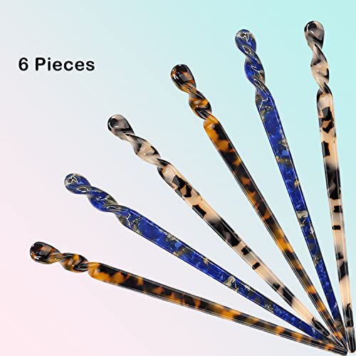 6 Pieces Acetate Hair Sticks - Tortoiseshell and Leopard Print Hairpin Chopsticks for Buns, Long Hair Accessories with Flannel Bag for Women Girls - color: Elegant Pattern