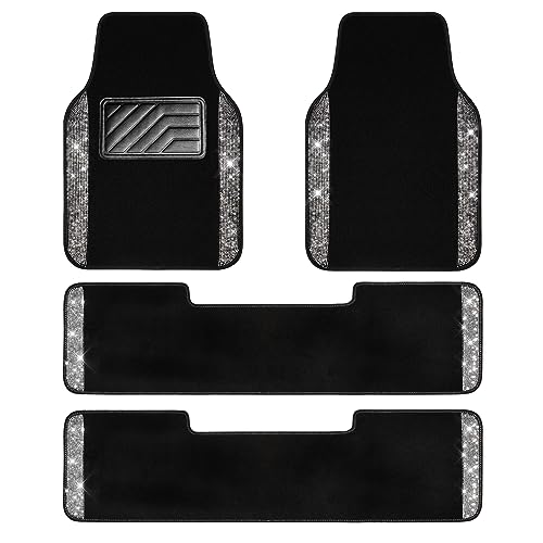 CAR PASS 3 Row Bling Diamond Car Mats Shining Carpet Rhinestones Sparkly Glitter Floor Mats Anti-Slip PVC Heel Pad Universal for Automotive SUV,Sedan,Van, 3rd Row 2 Rear for Girl Women, Black Silver - color: Black White