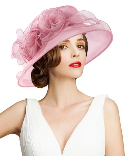 Women's Kentucky Derby Church Dress Hat Wide Brim Leaf Flower Bridal Shower Hat - color: A3-pinkpurple
