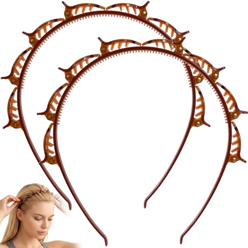 2 Pcs Headband with Clips, 90s Butterfly Hair Clips Headband with Teeth for Women, Braided Weave Bangs Non-Slip Clip Headbands Hair Accessories for Styling Decoration- Light Brown, Dark Brown - color: 2 Pcs Dark Brown