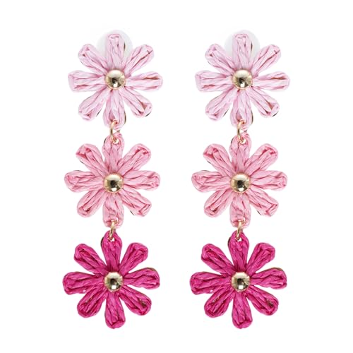 Raffia Flower Earrings Boho Handmade Straw Wrapped Drop Dangle Earrings for Women Summer Beach Jewelry - color: pink
