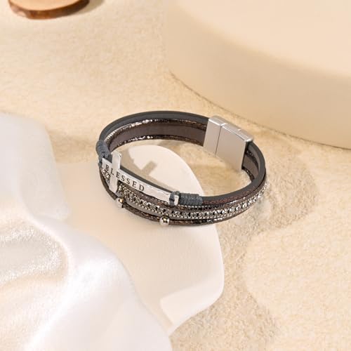 VIBILIA Boho Leather Wrap Bracelets for Women Men Multi-Layer Bracelets with Strong Clasp Western Jewelry - color: 11-Cross-Gray