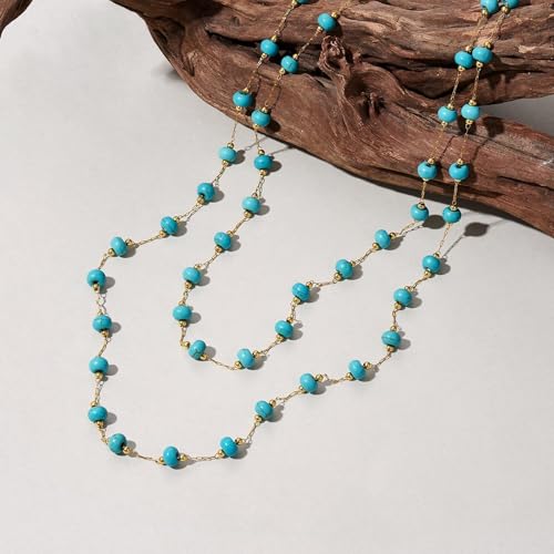 KissYan Long Necklaces for Women, 14K Gold Plated Beaded Gemstone Turquoise Boho Layered Choker, Natural Stone Handmade Sweater Fashion Jewelry Gifts - style: Turquoise