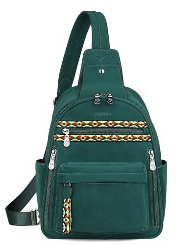 FADEON Large Sling Bag for Women, Leather Crossbody Purse Designer Anti Theft Sling Backpack, RFID Fanny Packs for Travel - color: Dark Green Nubuck Style