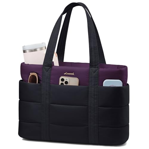 LOVEVOOK Tote Bag for Women, Large Puffer Work Tote Laptop Bag, Lightweight Travel Tote Bag with Zipper Gifts for Women - color: Black-purple-a, size: 15.6 Inch