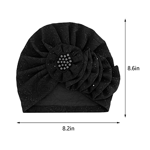 Erinaco Women Sparkle Sequin African Turban Bow Knot Pre-Tied Cap Pleated Ruffle Bonnet Beanie Hat Headwrap Skull Caps - color: Beaded Black