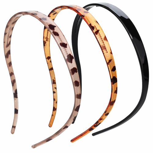 3 Pack Headbands Designed for Eyewear,Flex No Pressure Hairbands for Women Leopard Pattern Comfortable Plastic Headbands with Teeth-Black,Grey,Brown - color: Bright Surface-Black,Grey,Brown