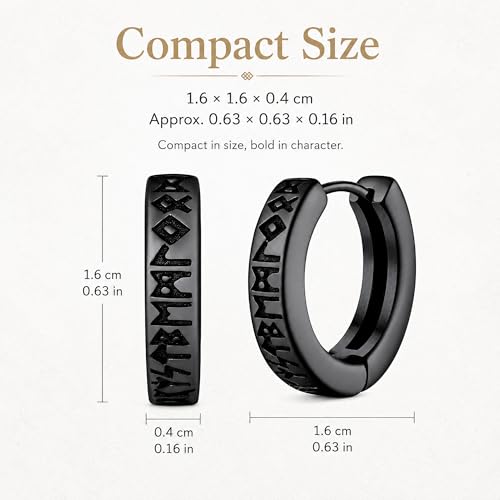 Viking Rune Hoop Earrings for Men, Black Stainless Steel Norse Amulet, Engraved Huggie Earrings, Mythological Warrior Jewelry