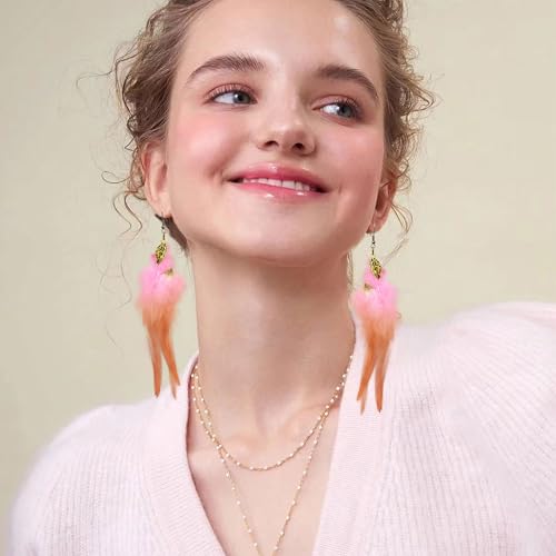 Feather Earrings for Women Bohemian Fringe Tassel Long Drop Dangle Earrings Lightweight Boho Statement earrings - color: pink