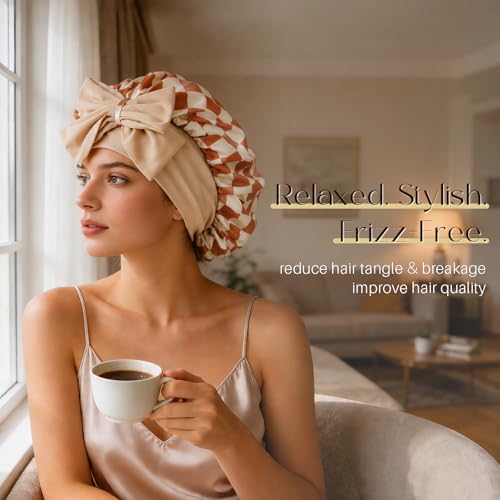 ZIMASILK 100% Mulberry Silk Bonnet for Sleeping Women Long Hair Double Layer Silk Hair Wrap with Tie Band Stay On Head (1Pc, Checkered) - color: Checkered