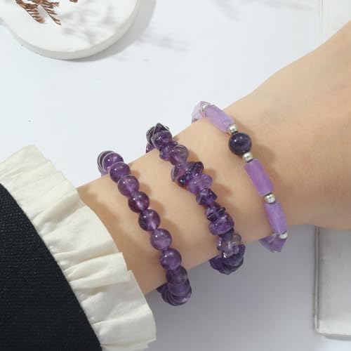 3Pcs Natural Stone Bracelets for Women 8mm Crystal Beaded Bracelets Handmade Stretch Bracelet Healing Crystal Jewelry for Women - style: Amethyst