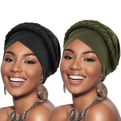 African Women Turban Caps Pre-Tied Twisted Turbans Head Scarf for Women Hair Wraps Cover Beanie Cancer Chemo Headwear - color: 2 Pack Double Twisted Braid: Black, Olive-green