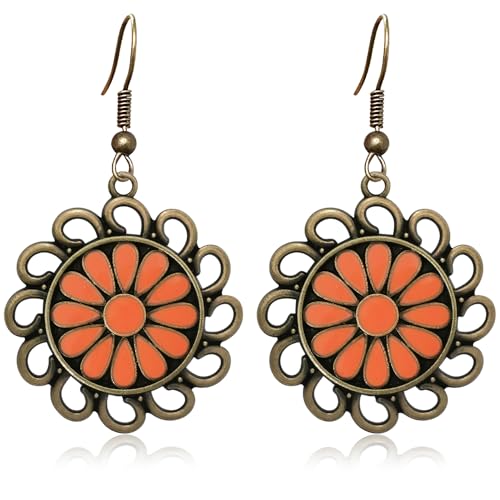 Bohemian Lightweight Vintage Copper Enamel Flower Hollow Dangle Drop Earrings Handmade Retro Circle Floral Hook Earrings For WomenJewelry Gifts - color: Orange
