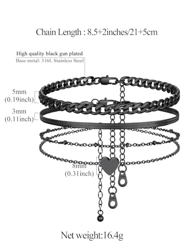 FindChic Black/Silver/Gold Plated Anklets Set of 2PCS/3PCS Herringbone Chain Cuban Link Heart Charm Sparkling Tennis Ankle Bracelets, Waterproof Summer Foot Jewelry for Beach - color: 01. Black-3PCS Cuban & Herringbone & Beaded Heart