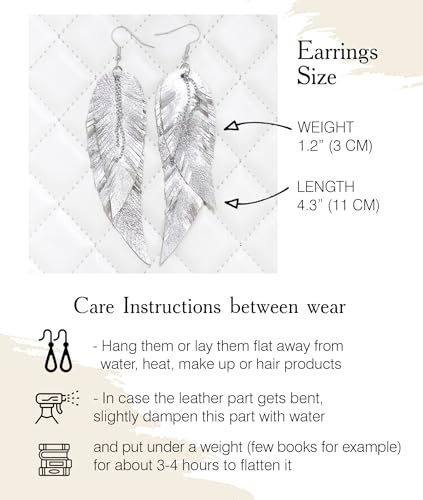 Black shiny Leather Feather Earrings for Women, Lightweight Minimal Boho Dangle Earrings, Small Simple Everyday Jewelry - color: Silver metallic