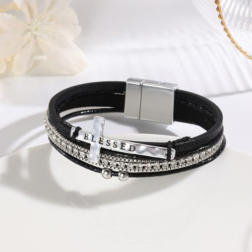 VIBILIA Boho Leather Wrap Bracelets for Women Men Multi-Layer Bracelets with Strong Clasp Western Jewelry - color: 11-Cross-Black