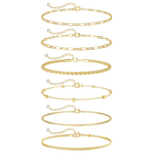 DEARMAY 14K Gold Plated Ankle Bracelets for Women Waterproof - Dainty 6Pcs Anklets Layered Cuban Link Chain Herringbone Cute Anklets Set Pack Summer Beach Jewelry Gift for Women Teen - color: Gold Anklet B