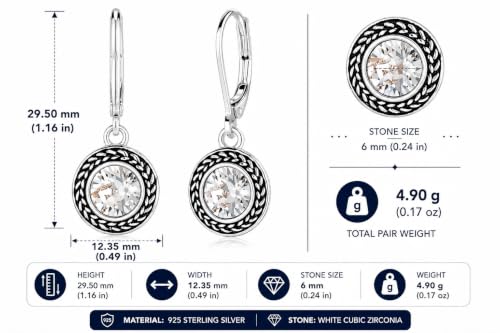 Savma Handmade 925 Sterling Silver Leverback Earrings for Women, Vintage Celtic Round Crystal Dangle Drop Earrings, Lightweight Boho Hypoallergenic Jewelry Gift - color: White Stone