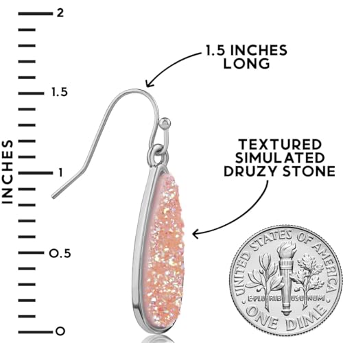 Teardrop Dangle Earrings for Women with Simulated Druzy Stones, in Gold or Rose Gold Tone - color: Silver - Created Rose Quartz
