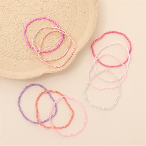 Boho Stackable Rice Beaded Bracelet Set for Women 8-10Pcs Colorful Handmade Multilayered Crystal Beads Bracelets Summer Beach Bohemian Jewelry Gift - color: A Pink