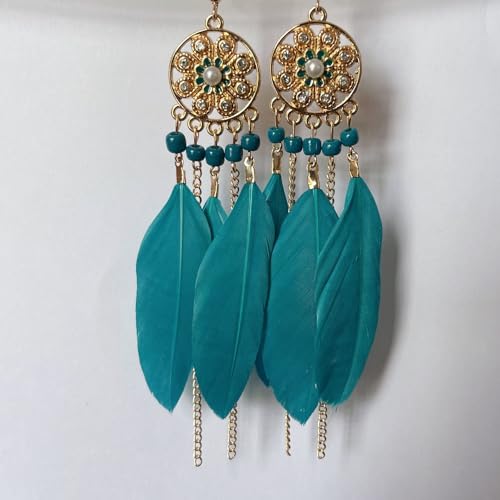 Clip on Tassel Dangle Earrings for Boho Women, Non Pierced, Colorful Feather Handmade Beads Fashion Vintage Fringe Jewelry for Parties Weddings Festivals Trendy Statement Earrings for Bohemian - color: Blue A