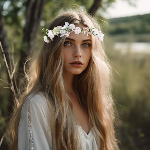 Vivivalue Pearl Flower Crown Floral Garland Headband Flower Halo Headpiece Hair Wreath Boho with Ribbon Party Wedding Festival Photos Pink - color: I