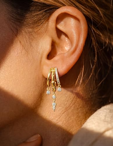 Triple Huggie Stacked Earrings for Women Gold Chain Drop Dangle Earrings Cute Statement CZ Earrings Trendy Dainty Jewelry Gift - color: Gold 5