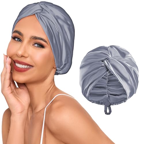 Adjustable Silk Satin Hair Bonnet for Sleeping Women, Double Layer, Silk Hair Wrap for Sleeping Women Men, Curly Natural Braid Straight Unisex - Slate Grey - color: Slate Grey