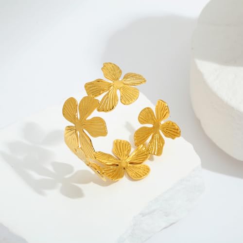 WOWORAMA Chunky Gold Cuff Bracelets for Women Vintage Gold Flower Butterfly Bracelet Trendy Boho Wide Open Cuff Bangles Matte Statement Bracelet - color: Gold Flower