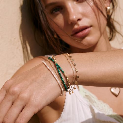 Fettero Beaded Bracelets for Women Charm Natural Stone Handmade Beads White Gold Plated Dainty Gold Bracelets Non Tarnish Boho Summer Beach Vacation Jewelry - color: Green Maq-Layered