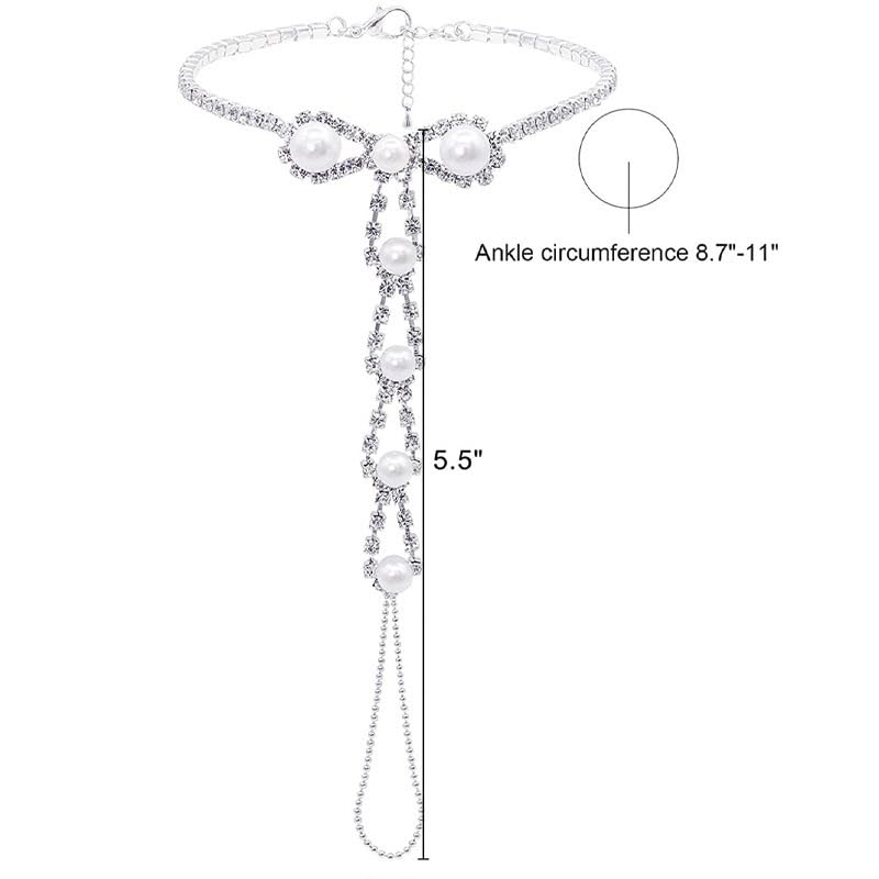 Bowknot Pearl Barefoot Sandals for Women Crystal Dainty Fashion Boho Sparkling Ankle Bracelet Rhinestones Silver Foot Chain With Toe Ring Bohemian Anklet Summer Beach Wedding Bridal Party Jewelry Gifts 1pair