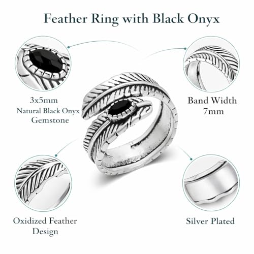 Silver Plated Feather Ring | 925 Silver Adjustable Open Ring | Vintage Leaf Design Inspirational Jewelry for Men & Women | Hypoallergenic Boho Statement Ring - color: Black Onyx Protection
