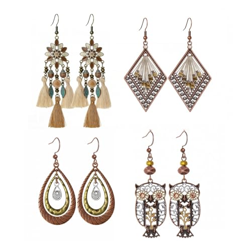 4 Pairs Vintage Boho Earrings for Women Green Bohemian Geometric Tassel Leaf Dangle Earrings Jewelry Accessories Gifts for Beach Festival & Everyday Wear - color: Brown style
