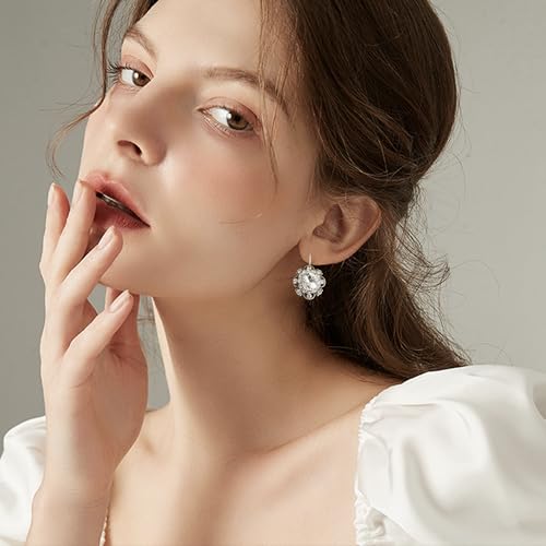 Handmade Bohemian Vintage Gold Sparkly Crystal Round Flower Leverback Earrings Cute Rhinestone Geometry Dangle Drop Earring for Women - color: White