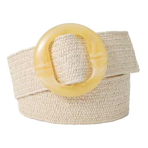 beltox fine Women PP Straw Braided Elastic Belt Solid Color with Round Buckle - color: Khaki, size: XS-XL(28-40 inch stretch range)