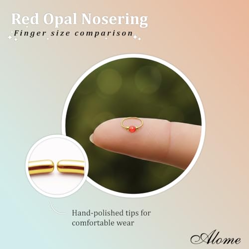 925 Sterling Silver & 14K Gold Filled Nose Ring Hoop Handmade Piercing Jewelry For Women - 24 Gauge 2mm,7mm Tiny Nose Ring with Opal - Gift Ready - color: Red Opal Gold