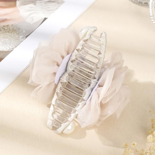 Large Chiffon Rose Flower Hair Claw Clips Boho Mesh Floral Hair Pins Barrettes Strong Hold Non-Slip Beach Vacation Hair Accessories for Women (White Large Chiffon Claw with Pearl) - color: White Large Chiffon Claw with Pearl