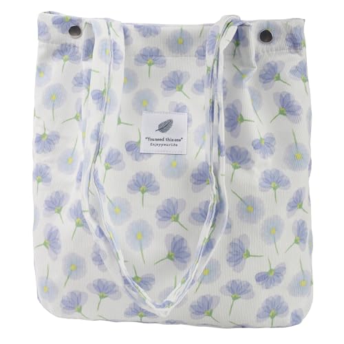 Corduroy Tote Bag for Women Small Canvas Shoulder Purse Cord Handy Bag with Inner Pocket | with Front Pocket - color: 03 Floral-1