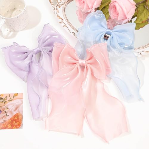 Large Hair Bow Clips for Women,White Pink Bow Hair Barrettes with Long Tail French Hair Ribbon Clips Hair Accessories for Girls (White,Light Pink) - color: White,Light Pink