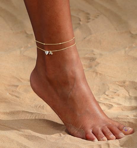 CAROVO Gold Ankle Bracelets for Women Waterproof 14K Real Gold Plated CZ Initial Anklet for Women Dainty Layered Letter A-Z Heart Ankle Bracelets Handmade Adjustable Anklet Summer Beach Jewelry - style: B